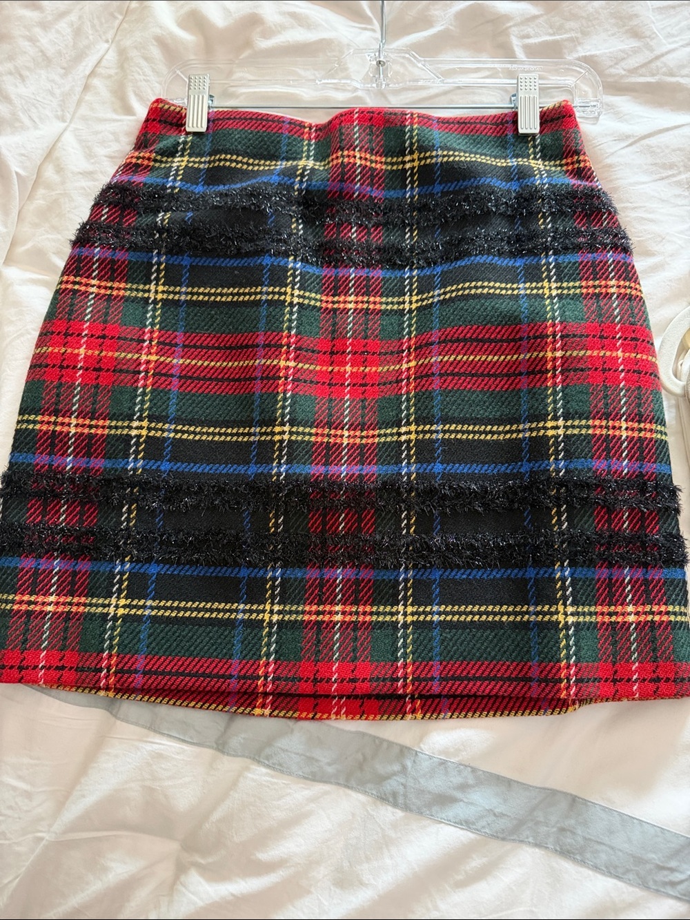 New with tags! J. Crew Red & Green Plaid Tweed Mini Skirt with Black Sparkle!